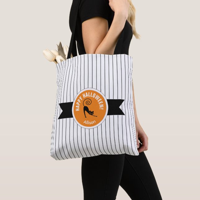 Bolso De Tela Feliz Halloween Black Cat & Stripes ID686 (Detalle)