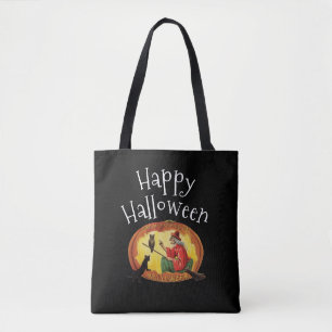 Bolso De Tela Feliz Halloween, bruja, gato negro y búho