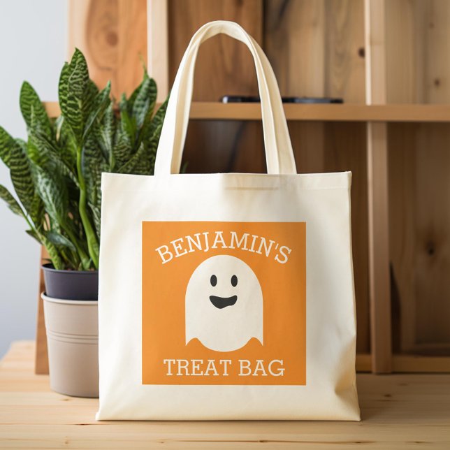 Bolso De Tela Feliz Halloween con el nombre de Trato Fantasma (Custom Tote Bag)