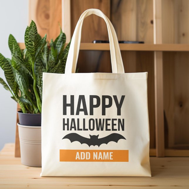 Bolso De Tela Feliz Halloween con un nombre personalizado negrit (Custom Tote Bag)