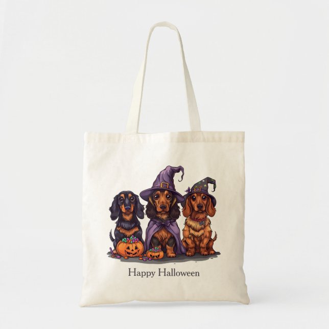 Bolso De Tela Feliz Halloween Dachshund Perros Brujos (Frente)