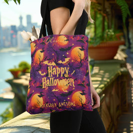 Bolso De Tela Feliz Halloween – Luna Morada, Murciélagos y Noche