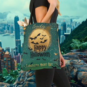 Bolso De Tela Feliz Halloween personalizado con luna verde