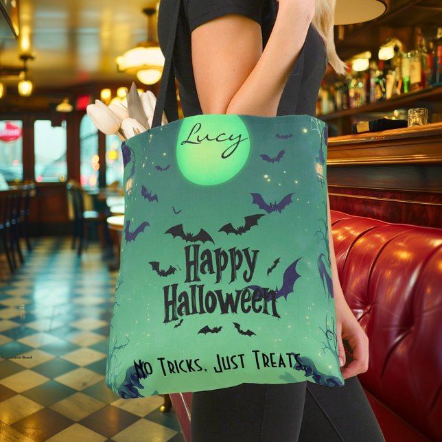 Bolso De Tela Feliz Halloween personalizado con luna verde, murc (Subido por el creador)