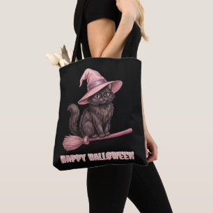 Bolso De Tela Feliz Halloween Pinkoween Gato Bruja Negro Vintage