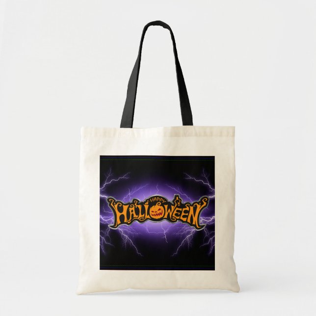 Bolso De Tela Feliz Halloween Ruby Eyed Pumpkin Purple Lightning (Frente)