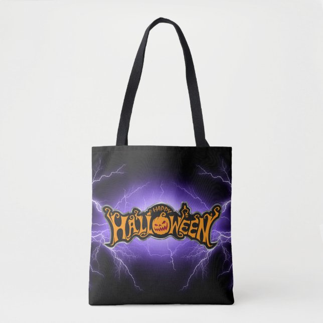 Bolso De Tela Feliz Halloween Ruby Eyed Pumpkin Purple Lightning (Anverso)