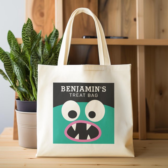 Bolso De Tela Feliz Halloween Trate Nombre Personalizado Monstru (Custom Tote Bag)