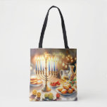 Bolso De Tela Feliz Hanukkah<br><div class="desc">Ilustracion acuático Hanukkah. Una mesa muy bien arreglada para una celebración festiva,  con una menorah tradicional con velas encendidas. La luz es suave y cálida,  mientras que la decoración de las vacaciones aporta un toque de alegría. Las luces cálidas crean un ambiente acogedor y acogedor.</div>