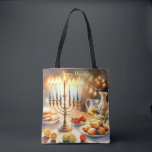 Bolso De Tela Feliz Hanukkah<br><div class="desc">Ilustracion acuático Hanukkah. Una mesa muy bien arreglada para una celebración festiva,  con una menorah tradicional con velas encendidas. La luz es suave y cálida,  mientras que la decoración de las vacaciones aporta un toque de alegría. Las luces cálidas crean un ambiente acogedor y acogedor.</div>