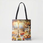 Bolso De Tela Feliz Hanukkah<br><div class="desc">Ilustracion acuático Hanukkah. Una mesa muy bien arreglada para una celebración festiva,  con una menorah tradicional con velas encendidas. La luz es suave y cálida,  mientras que la decoración de las vacaciones aporta un toque de alegría. Las luces cálidas crean un ambiente acogedor y acogedor.</div>