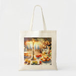 Bolso De Tela Feliz Hanukkah<br><div class="desc">Ilustracion acuático Hanukkah. Una mesa muy bien arreglada para una celebración festiva,  con una menorah tradicional con velas encendidas. La luz es suave y cálida,  mientras que la decoración de las vacaciones aporta un toque de alegría. Las luces cálidas crean un ambiente acogedor y acogedor.</div>