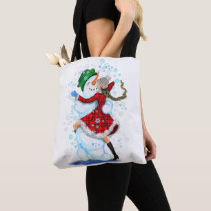 Bolso De Tela Feliz hombre de nieve y Chica Fiesta de Navidades