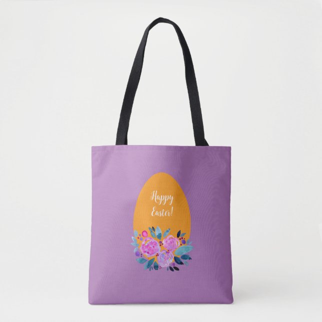 Bolso De Tela Feliz Huevo floral de la acuarela de Pascua (Anverso)