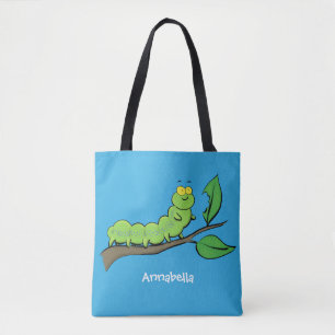 Bolso De Tela Feliz ilustracion personalizado de oruga verde
