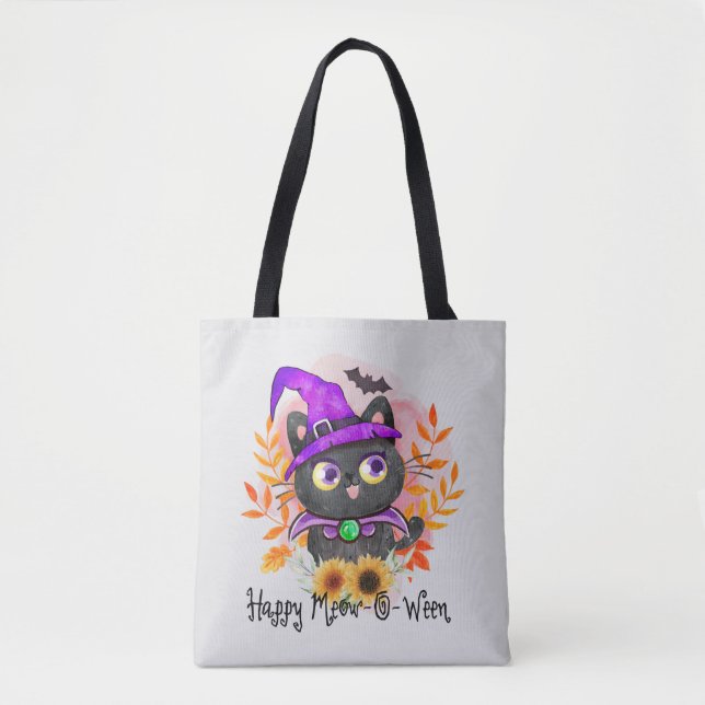 Bolso De Tela Feliz Meow-o-ween-Black Witch Cat (Anverso)