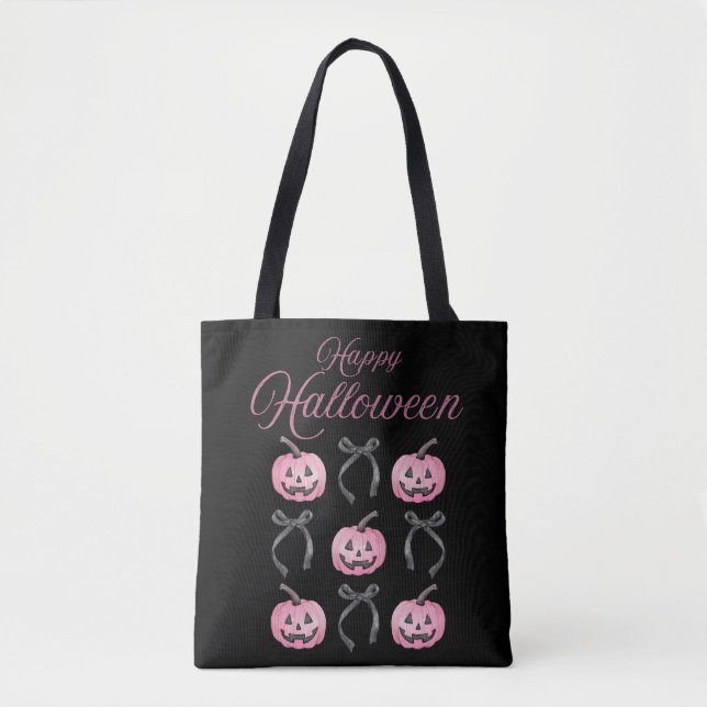 Bolso De Tela Feliz Naranja negro de Halloween rosa (Anverso)