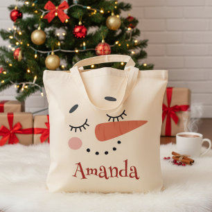 Bolso De Tela Feliz Navidad a Snowman Face con nombre personaliz