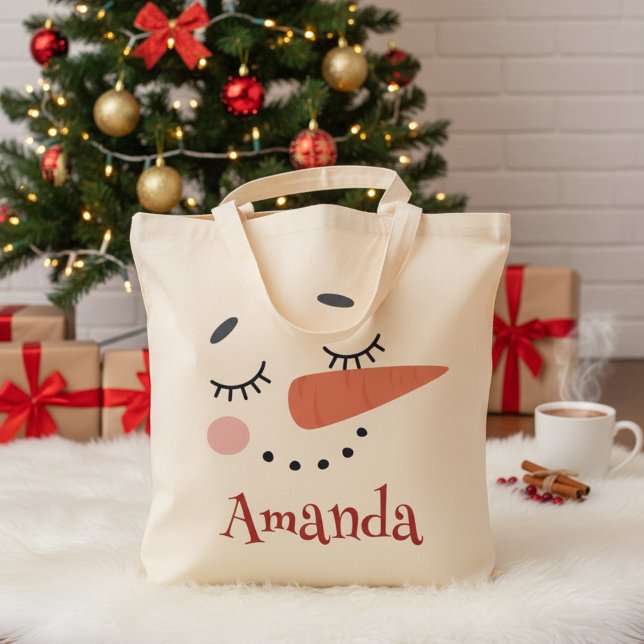 Bolso De Tela Feliz Navidad a Snowman Face con nombre personaliz (Happy Snowman Face Personalized Name Holiday Tote Bag - Just Add Your Name!)