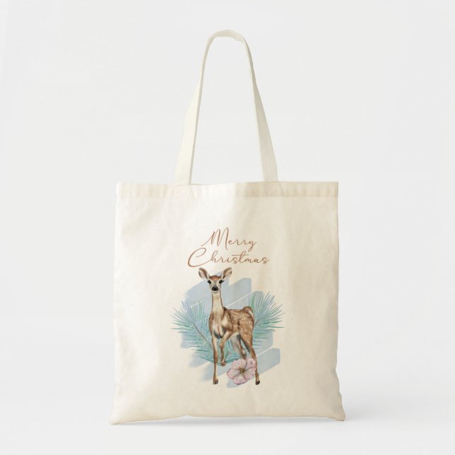 Bolso De Tela Feliz Navidad acuarela Deer Holly Sale (Frente)