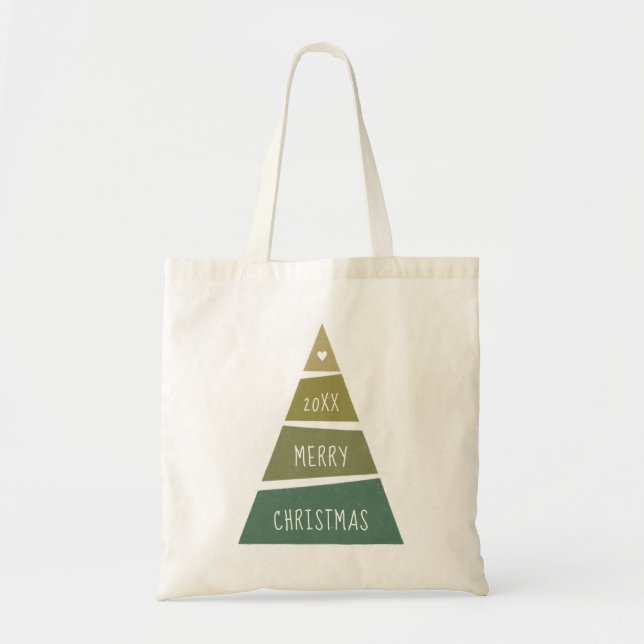 Bolso De Tela Feliz Navidad. Árbol geométrico verde de vacacione (Frente)