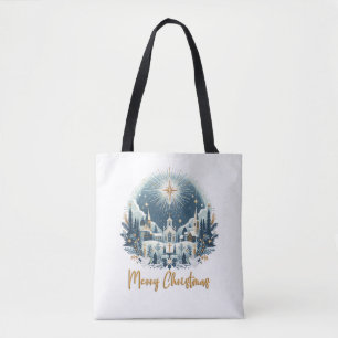 Bolso De Tela Feliz Navidad azul y oro