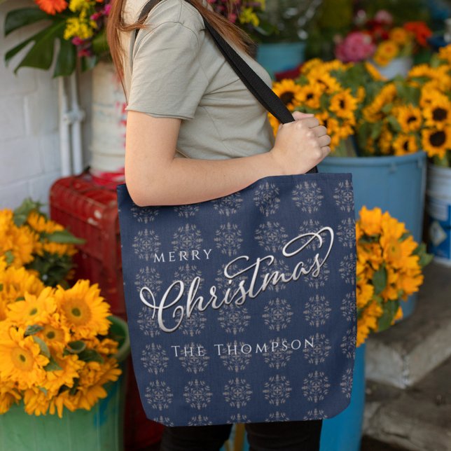 Bolso De Tela Feliz navidad Blue Silver Copos de nieve (Merry Christmas navy blue and silver pattern tote bag)