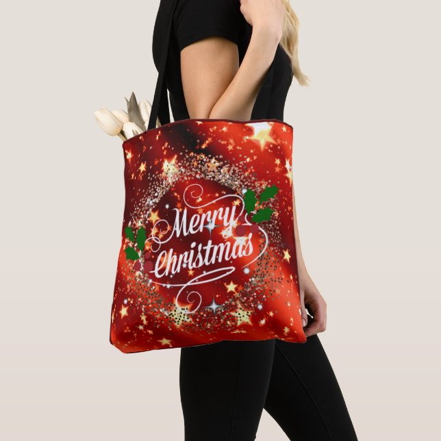 Bolso De Tela Feliz Navidad brillante y purpurina festividad roj (Detalle)