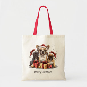Bolso De Tela Feliz Navidad Bulldoges franceses Santa Hat