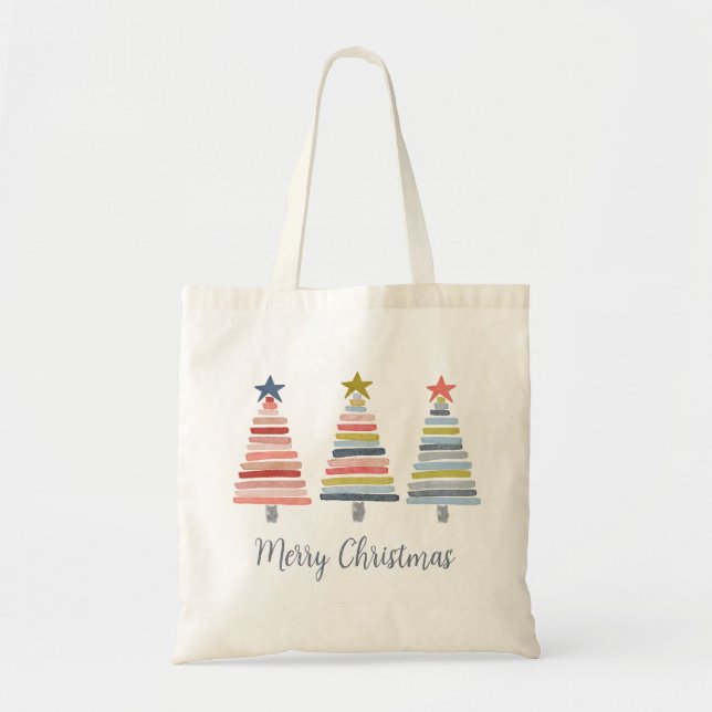 Bolso De Tela Feliz Navidad Coloridos árboles apilados (Frente)