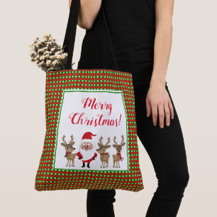 Bolso De Tela Feliz Navidad Cuadros Rojo Verde Santa Claus