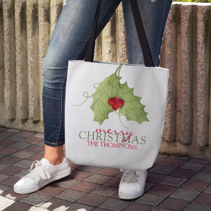 Bolso De Tela Feliz Navidad Familia Hojas de Acebo Día Festivo