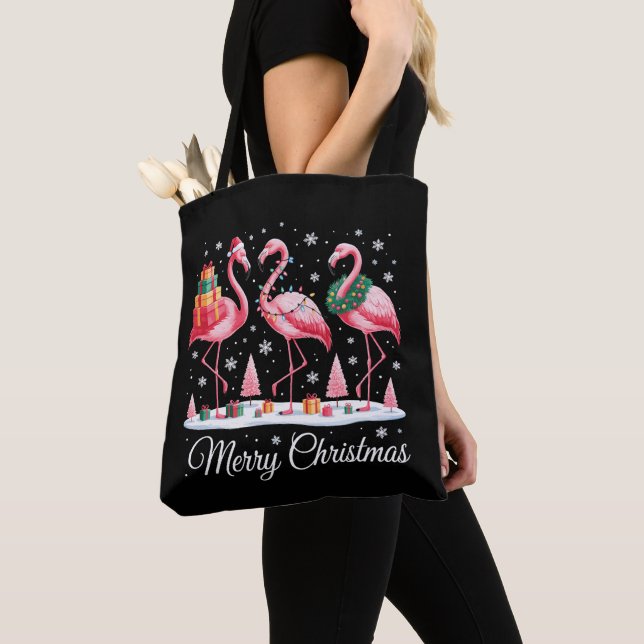 Bolso De Tela Feliz Navidad Flamingo Light Santa Hat Xmas (Detalle)