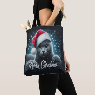 Bolso De Tela Feliz Navidad Gato ruso azul, Navidad Gato Santa