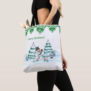 Bolso De Tela ¡Feliz Navidad! Hombre de nieve con gato y cachorr