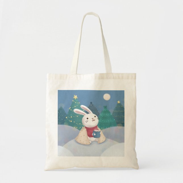 Bolso De Tela Feliz Navidad: Ilustracion conejo (Frente)