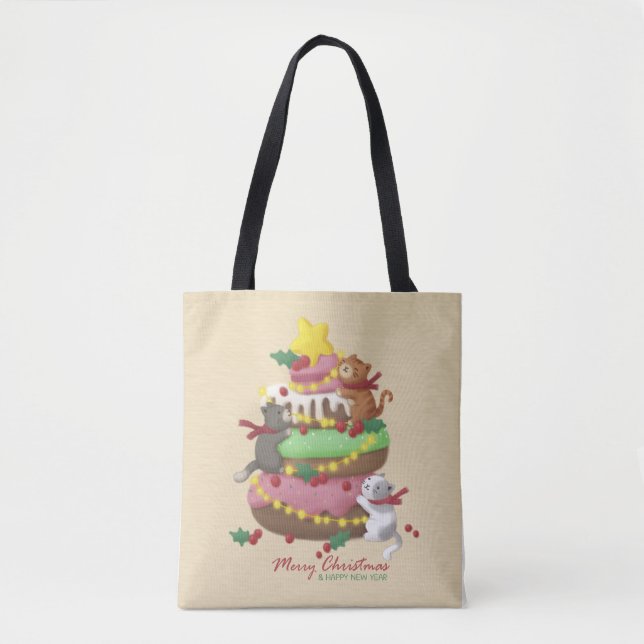 Bolso De Tela Feliz Navidad: Ilustracion de gatos y dulces (Anverso)