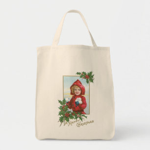 Bolso De Tela Feliz Navidad niña con bolas de nieve