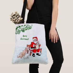 Bolso De Tela Feliz Navidad! Papá Noel con gato y perro