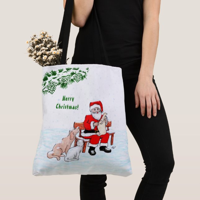 Bolso De Tela Feliz Navidad! Papá Noel con gato y perro (Detalle)