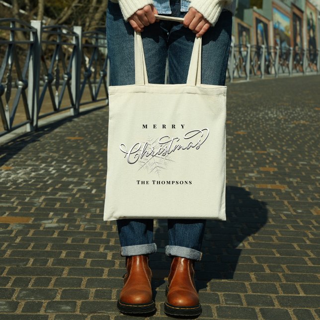 Bolso De Tela Feliz Navidad Personalizado Silver Snowflake (Silver snowflake simple holiday tote bag)