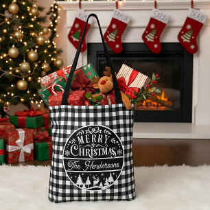 Bolso De Tela Feliz Navidad Plaid Búfalo Negro y Blanco Personal