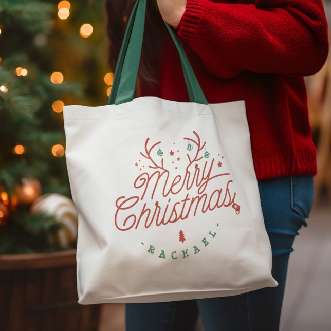Bolso De Tela Feliz Navidad Resto Verde Rojo Reno Personalizado (Merry Christmas Red Green Personalized Reindeer Tote Bag)