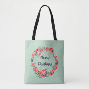 Bolso De Tela Feliz Navidad Rojo Floral Agua Wreath