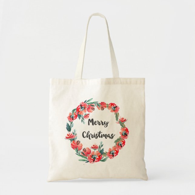 Bolso De Tela Feliz Navidad Rojo Floral Agua Wreath (Frente)
