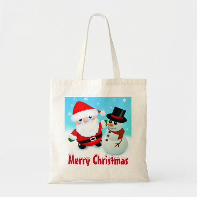 Bolso De Tela Feliz Navidad, Santa y Snowman (Frente)