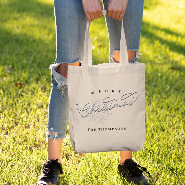 Bolso De Tela Feliz Navidad Simple Caligrafía Cuidada Snowflake (Merry Christmas silver snowflake calligraphy script tote bag
)