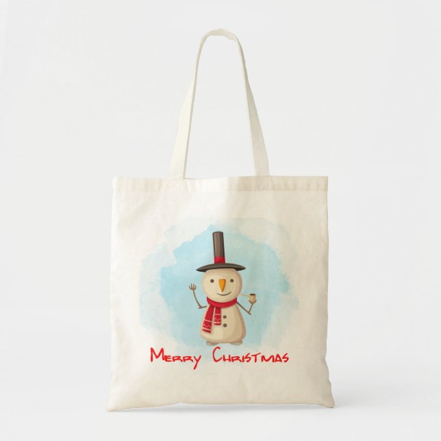 Bolso De Tela Feliz Navidad Snowman ondeando Y Sonriendo (Frente)