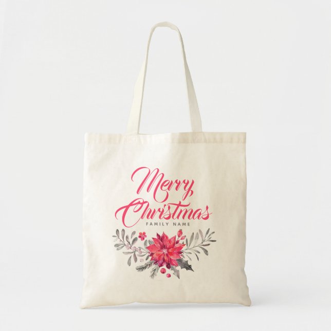 Bolso De Tela Feliz Navidad Tipografía moderna y Bouquet (Frente)