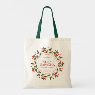 Bolso De Tela Feliz Navidad, tipografía y bayas rojas fueron cor